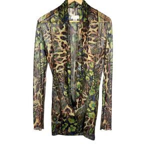 PETIT POIS Women's Sheer Animal Print Plunge Neck Long Sleeve Blouse Tan Small